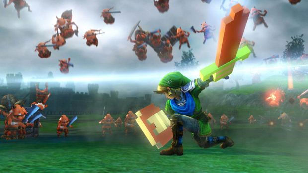 Link fights with an 8-bit sword in Hyrule Warriors